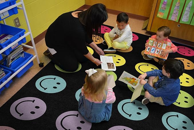 Flagship Carpets Schoolgirl Style Rainbow Smileys in Black Criss-Cross Applesauce Educational Area Rug for Kids Room, Children's Classroom for Teaching & Playroom, 7'6" x 12', Black & Multi, Seats 28 - LeafyLoom