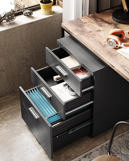 DEVAISE 3 Drawer File Cabinet for Home Office, Wood Under Desk Filing Cabinet, Rolling Printer Stand with Wheels, Black - LeafyLoom