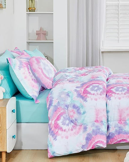 Mooreeke Tie Dye Kids Comforter Bed Set Twin Size for Girls, 6 Pieces Bed in a Bag with Shams, Sheet Set, A Toy Pillow Dark Pink Round Flower Twin Soft Microfiber Kids Comforter Bedding Set - LeafyLoom