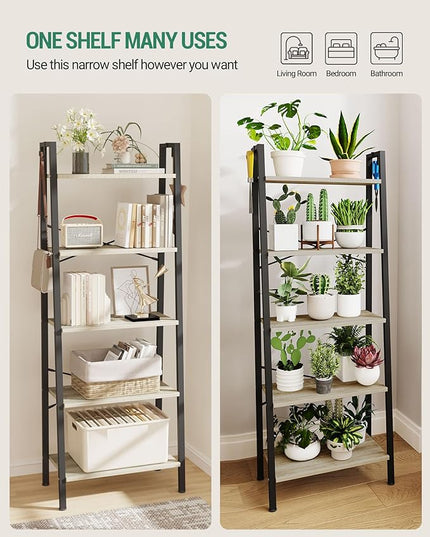 Ladder Shelf, Bookshelf Bookcase, Freestanding Corner Storage Shelve with 2 Hooks for Home Office, Living Room, Kitchen, Bedroom, Industrial, 5-Tier Greige BC19305B - LeafyLoom