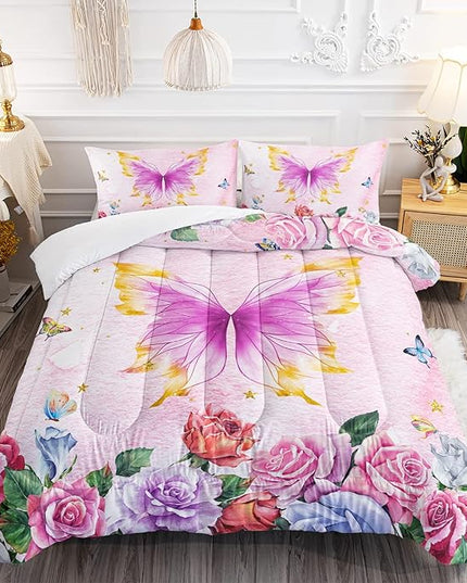Butterfly Comforter Set for Girls Kids Adults Butterfly Rose Bedding Set Aesthetics Butterflies Quilt Duvet Set Full Size with 1 Comforter and 2 Pillowcases - LeafyLoom