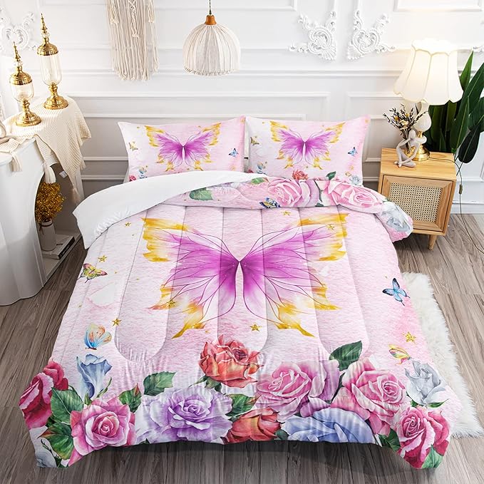 Butterfly Comforter Set for Girls Kids Adults Butterfly Rose Bedding Set Aesthetics Butterflies Quilt Duvet Set Full Size with 1 Comforter and 2 Pillowcases - LeafyLoom