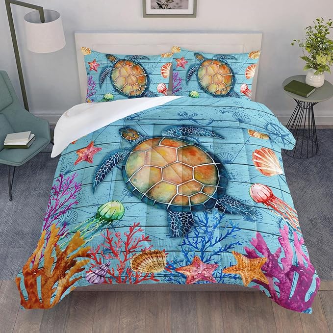 Datura home Sea Turtle Bedding Comforter Set Sea Turtle Ocean Beach Printed Pattern Bedding Set with 1 Comforter and 2 Pillowcases for Boys Bedroom All Season(Sea Turtle Full), Full 80x90inches - LeafyLoom