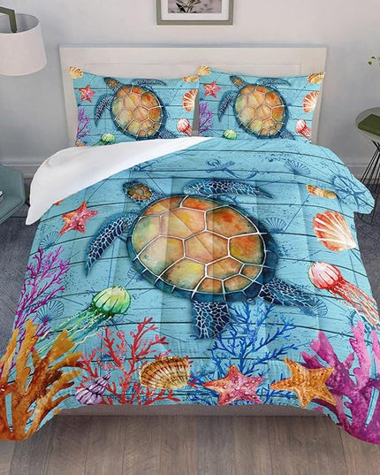 Datura home Sea Turtle Bedding Comforter Set Sea Turtle Ocean Beach Printed Pattern Bedding Set with 1 Comforter and 2 Pillowcases for Boys Bedroom All Season(Sea Turtle Twin) - LeafyLoom