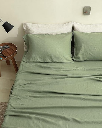 Simple&Opulence 100% Linen Sheet Set Solid Color-4 Pcs Washed French Linen Bed Sheets(1 Flat Sheet,1 Fitted Sheet,2 Pillowcases)-Breathable Bedding Set (Sage Green, Queen) - LeafyLoom