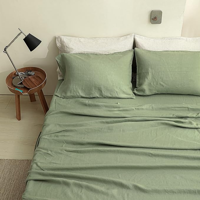 Simple&Opulence 100% Linen Sheet Set Solid Color-4 Pcs Washed French Linen Bed Sheets(1 Flat Sheet,1 Fitted Sheet,2 Pillowcases)-Breathable Bedding Set (Sage Green, Queen) - LeafyLoom