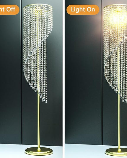 QiMH Crystal Floor Lamp for Living Room/ Bedroom Decor, Bling Elegant Rain Lamp, Gold Standing Indoor Tall Pole Light Simple Floor Lamp with Foot Switch - LeafyLoom