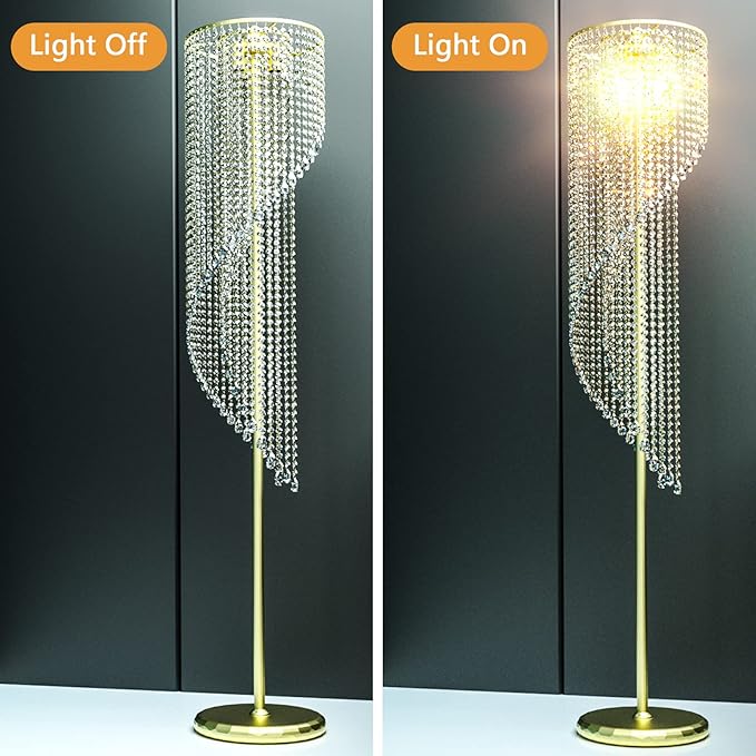 QiMH Crystal Floor Lamp for Living Room/ Bedroom Decor, Bling Elegant Rain Lamp, Gold Standing Indoor Tall Pole Light Simple Floor Lamp with Foot Switch - LeafyLoom
