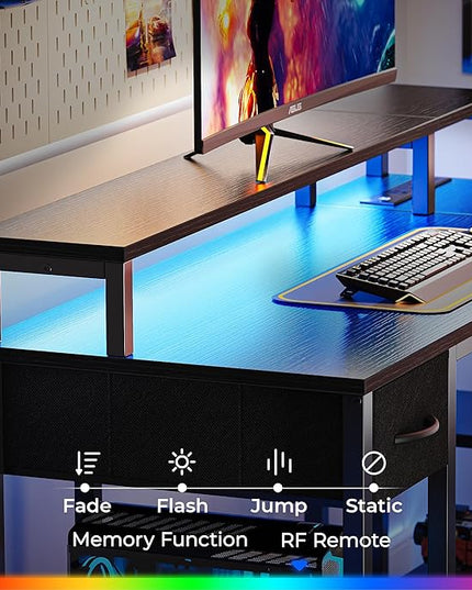 SUPERJARE 53 inch Reversible L Shaped Desk with LED Lights & Power Outlets, Computer Desk with Shelves & Monitor Stand, Gaming Desk with Drawer, Home Office Desk Corner Desk, Black - LeafyLoom
