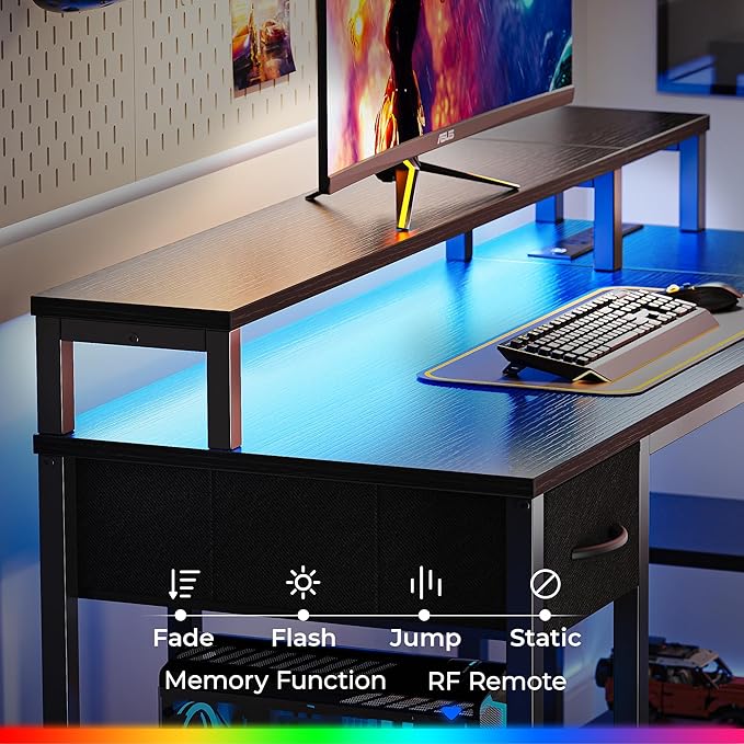 SUPERJARE 53 inch Reversible L Shaped Desk with LED Lights & Power Outlets, Computer Desk with Shelves & Monitor Stand, Gaming Desk with Drawer, Home Office Desk Corner Desk, Black - LeafyLoom