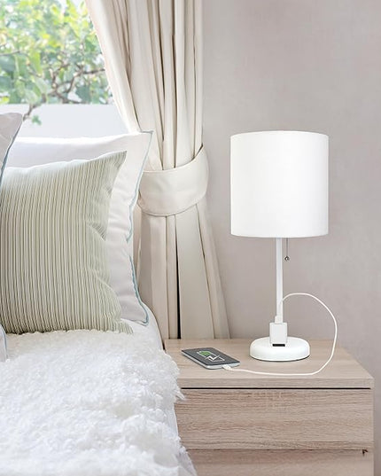 Simple Designs LT1144-WOW Sleek and Slender White Table Lamp with Charging Outlet for Bedroom, Living Room, Entryway, Office, Dining Room, Study, White Shade - LeafyLoom