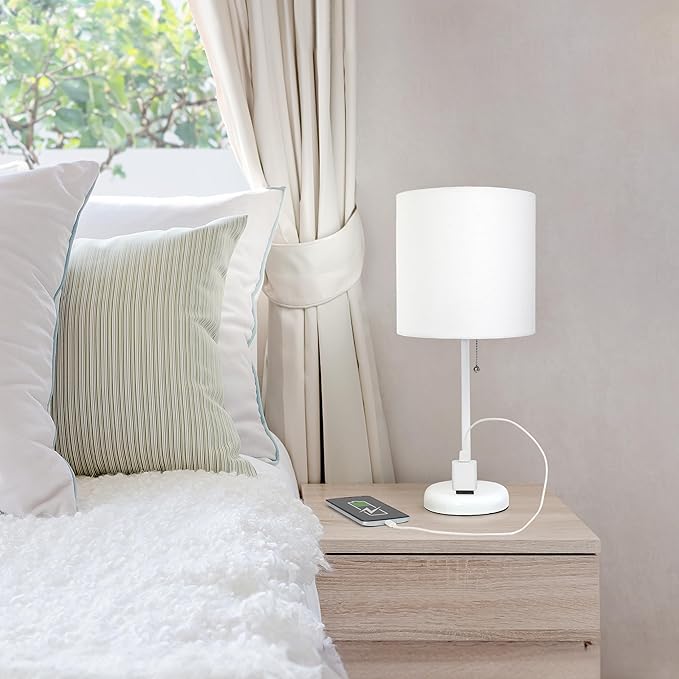 Simple Designs LT1144-WOW Sleek and Slender White Table Lamp with Charging Outlet for Bedroom, Living Room, Entryway, Office, Dining Room, Study, White Shade - LeafyLoom