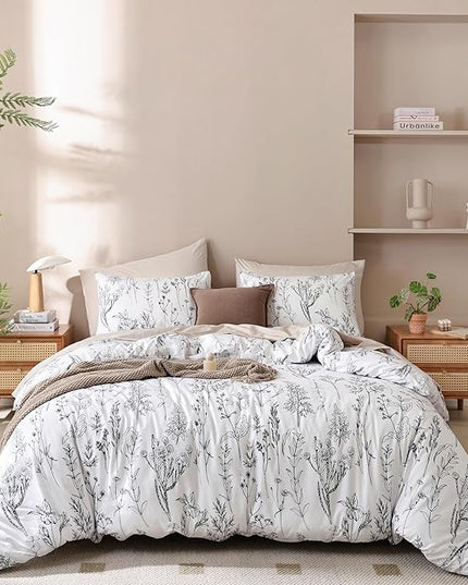 JANZAA 3pcs White Comforter Set King, Soft Floral Microfiber Bedding King Size Comforter Set with 2 Pillow Cases for All Seasons - LeafyLoom