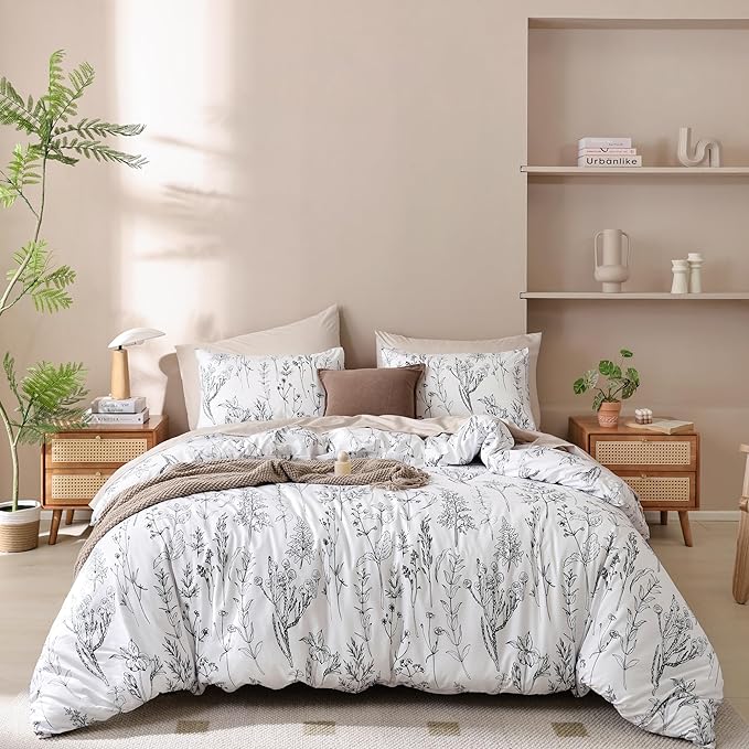 JANZAA 3pcs White Comforter Set King, Soft Floral Microfiber Bedding King Size Comforter Set with 2 Pillow Cases for All Seasons - LeafyLoom