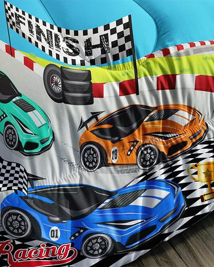 Axolotl Racing Car Bedding Set Full,Cool Speed Race Car Down Comforter for Kids Boys Girls Teens,Racing Car Comforter Set Car Theme with Three Cars Arrive at Finish,1 Comforter and 2 Pillowcases - LeafyLoom