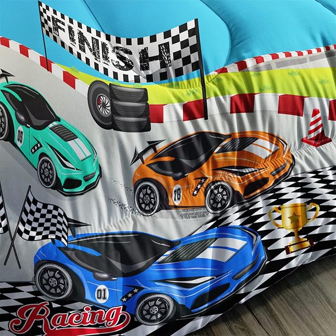 Axolotl Racing Car Bedding Set Twin,Cool Speed Race Car Down Comforter for Kids Boys Girls Teens,Racing Car Comforter Set Car Theme with Three Cars Arrive at Finish,1 Comforter and 2 Pillowcases - LeafyLoom
