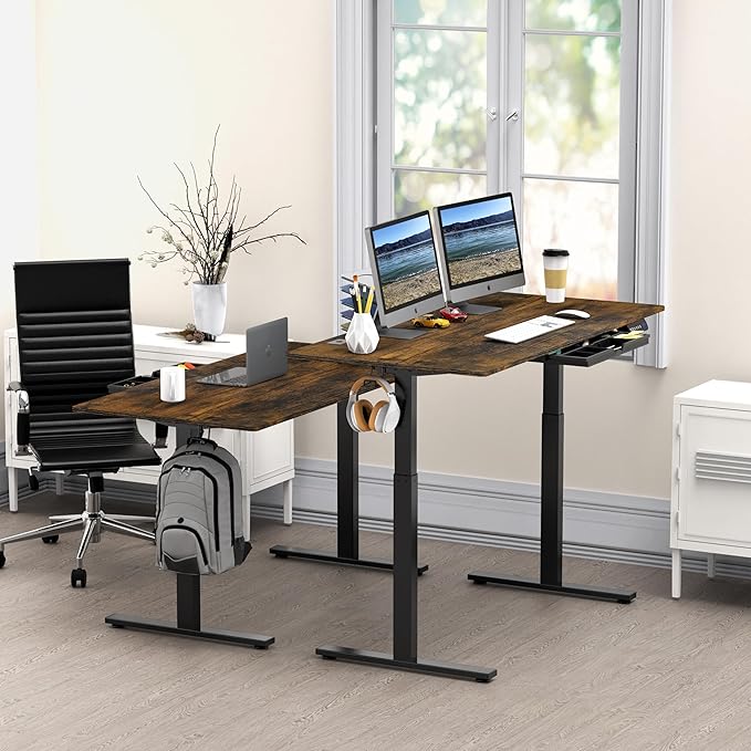 SHW 55-Inch Large Electric Height Adjustable Standing Desk, 55 x 28 Inches, Rustic Brown - LeafyLoom