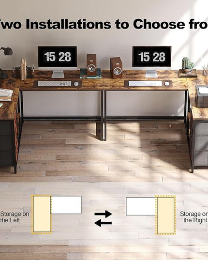 Treesland L Shaped Desk with Drawers, Computer Desk with Storage & Shelves, Corner Desk with Storage, Home Office Desks with Drawers, L Shape Desks with Storage, Brown - LeafyLoom