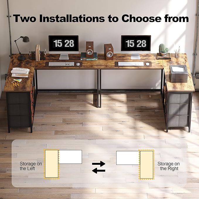 Treesland L Shaped Desk with Drawers, Computer Desk with Storage & Shelves, Corner Desk with Storage, Home Office Desks with Drawers, L Shape Desks with Storage, Brown - LeafyLoom