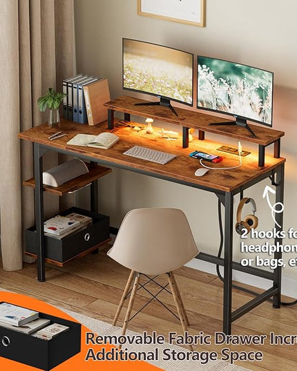 Furologee Desk with Power Outlets and LED Lights, 47" Computer Office Desk with Shelves and Fabric Drawer, Reversible Gaming Study Table with Monitor Stand and Hooks, Rustic Brown - LeafyLoom