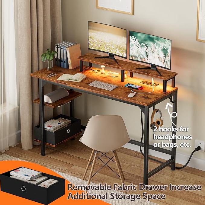 Furologee Desk with Power Outlets and LED Lights, 47" Computer Office Desk with Shelves and Fabric Drawer, Reversible Gaming Study Table with Monitor Stand and Hooks, Rustic Brown - LeafyLoom