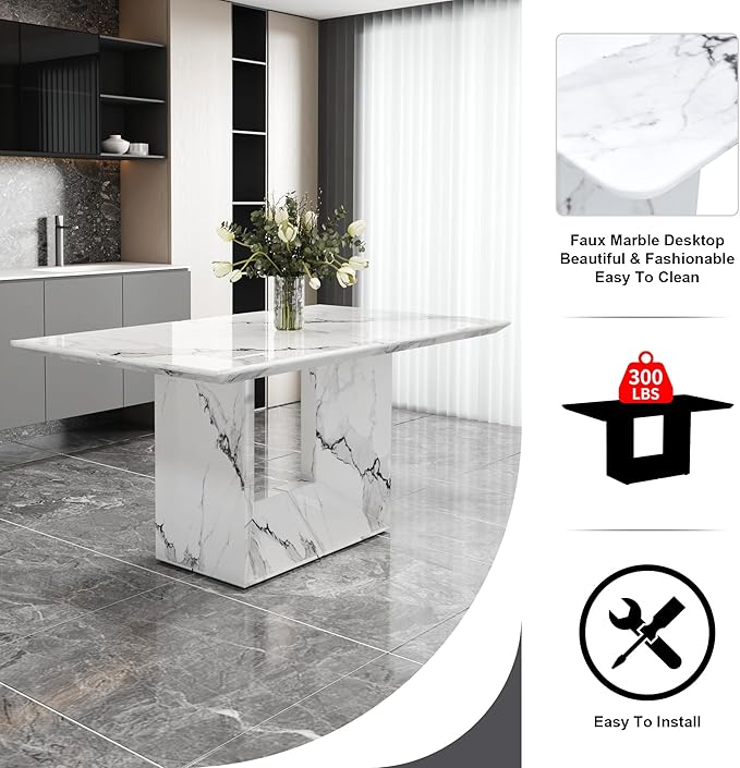 NicBex Simple Dining Table a White Marble Patterned Dining Table Suitable for Kitchen and Living Room, can Accommodate 4-6 People, White - LeafyLoom