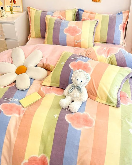 MorroMorn Twin Bedding Sets, Pink Rainbow Stripe Duvet Cover Set, Fluffy Comforter Covers Plush Blanket Ultra Soft Kawaii Cute for Girls Kids Toddler Teen Women Twin/Twin XL Size - LeafyLoom