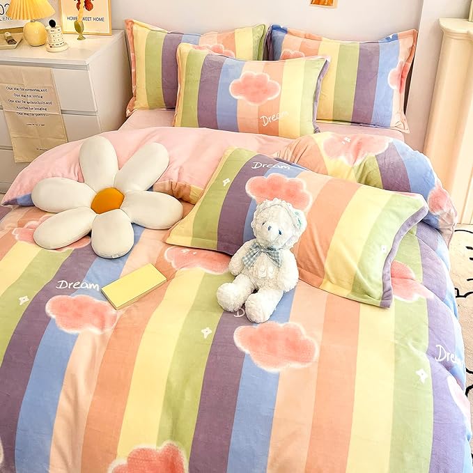 MorroMorn Twin Bedding Sets, Pink Rainbow Stripe Duvet Cover Set, Fluffy Comforter Covers Plush Blanket Ultra Soft Kawaii Cute for Girls Kids Toddler Teen Women Twin/Twin XL Size - LeafyLoom