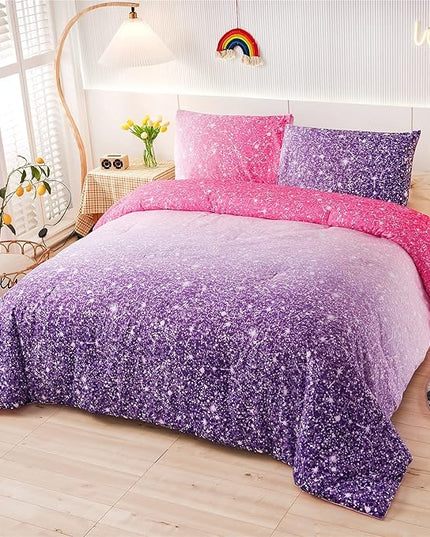 Holawakaka Kids Space Star Glitter Comforter Set Ombre Red & Purple Print Gradient Bedding Set Full Size (Red purple, Full) - LeafyLoom