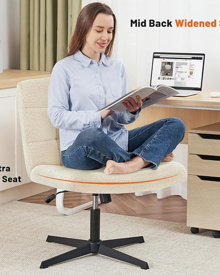 Furniliving Home Office Desk Chair No Wheels, Criss Cross Legged Wide Chair Armless Height Adjustable Chair with Mid Back Swivel Accent Vanity Chairs, Sherpa-IvoryWhite - LeafyLoom