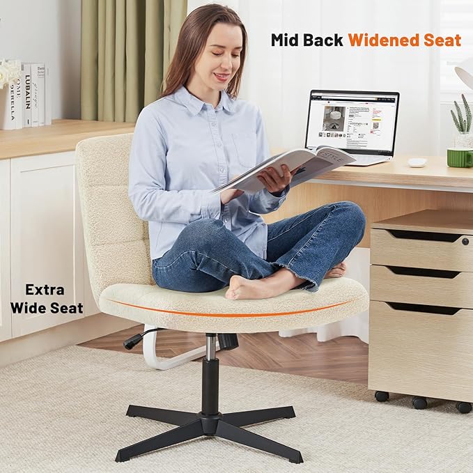 Furniliving Home Office Desk Chair No Wheels, Criss Cross Legged Wide Chair Armless Height Adjustable Chair with Mid Back Swivel Accent Vanity Chairs, Sherpa-IvoryWhite - LeafyLoom