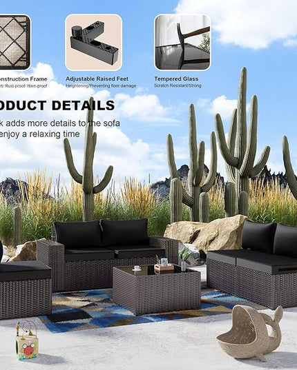 Kullavik 6PCS Outdoor Patio Furniture Set PE Wicker Rattan Sectional Sofa Patio Conversation Sets,Black - LeafyLoom