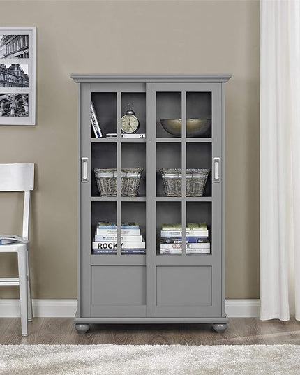 Aaron Lane Bookcase with Sliding Glass Doors, Gray - LeafyLoom