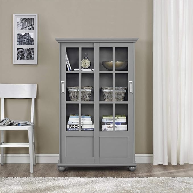 Aaron Lane Bookcase with Sliding Glass Doors, Gray - LeafyLoom