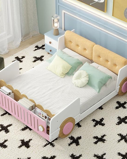 Full size Car-Shaped Platform Bed with Soft Cushion,Wooden Car Bedframe W/Footboard in-Build Shelves,Easy Assembly,Fun Play Design,Bedroom Furniture for Boys Girls Kids Toddlers Teens,White - LeafyLoom