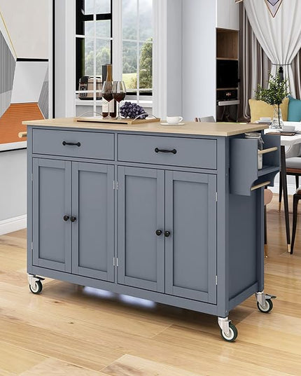 Solid Wood Top, Mobile Carts with Storage Cabinet, Rolling Kitchen Table w/Spice, Towel Rack, and Drawer, Portable Islands on Wheels, Gray, 54.33 Inch - LeafyLoom