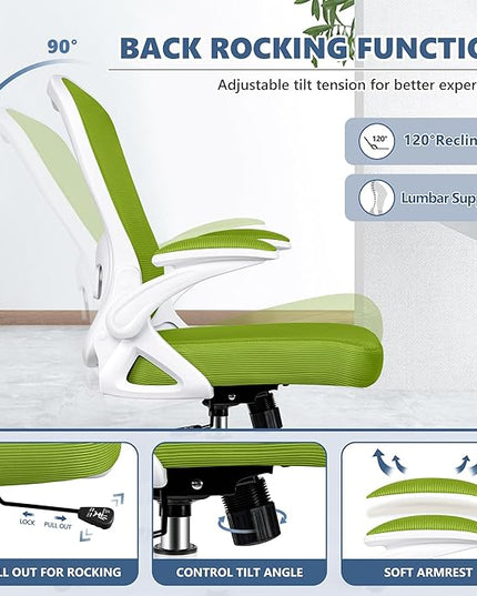 Office Chair Desk Chair, Ergonomic Mesh Computer Chair Home Office Desk Chairs, Swivel Task Chair Mid Back Breathable Rolling Chair with Adjustable Lumbar Support Flip Up Armrest (Green) - LeafyLoom