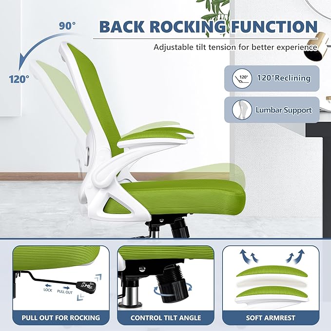 Office Chair Desk Chair, Ergonomic Mesh Computer Chair Home Office Desk Chairs, Swivel Task Chair Mid Back Breathable Rolling Chair with Adjustable Lumbar Support Flip Up Armrest (Green) - LeafyLoom