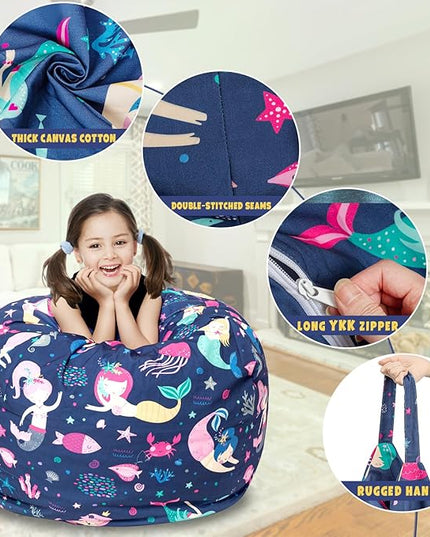 Stuffed Animal Storage Bean Bag Chair Cover, Hold Kids Plush Toys Blankets Towels Beanbag (Cover Only), Canvas Floor Circle Stuff Sit Seat Sofa with YKK Zipper, Large 32", - LeafyLoom
