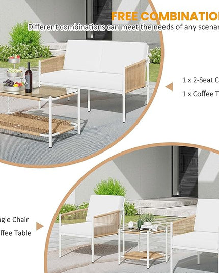 Shintenchi 5 Piece Wicker Outdoor Patio Furniture Set, White Metal Sofa Conversation Set, including Loveseat, Two Single Chairs and Two Coffee Tables for Backyard, Patio, Balcony, Poolside - LeafyLoom