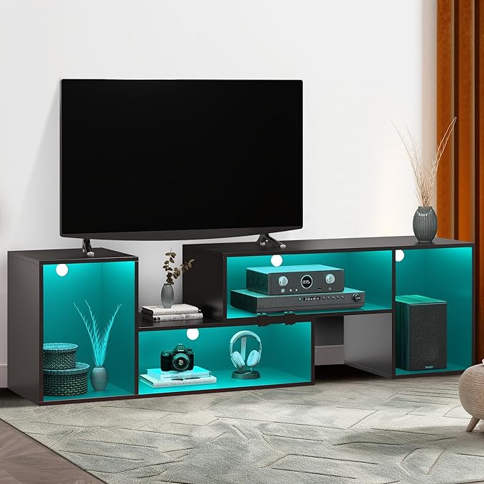 YITAHOME DIY TV Stand w/LED Strip, Modern Deformable Entertainment Center for 75/70/65/60/55/50/45 inch TVs, Gaming TV Consoles 2 Pieces Media Console Cabinet for 300lbs for Living Room, Black - LeafyLoom