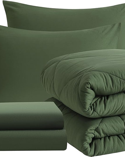 NTBAY Twin Comforter Set with Sheets, 5 Pieces Soft and Breathable Twin Bedding Set, Twin Bed in a Bag, Down Alternative Comforter Set Solid Color All Season, Kids Bedding Set, Olive Green - LeafyLoom