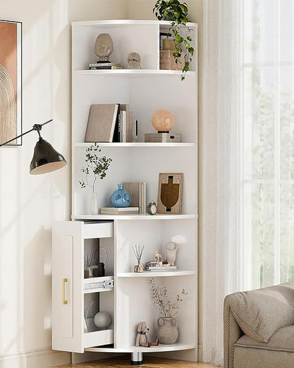 Corner Shelf 6-Tier Corner Bookcase with Drawer, Tall Corner Bookshelf Freestanding White Corner Cabinet Corner Shelves Stand for Wall Corner, Living Room, Home Office, Bedroom, Display Shelf - LeafyLoom