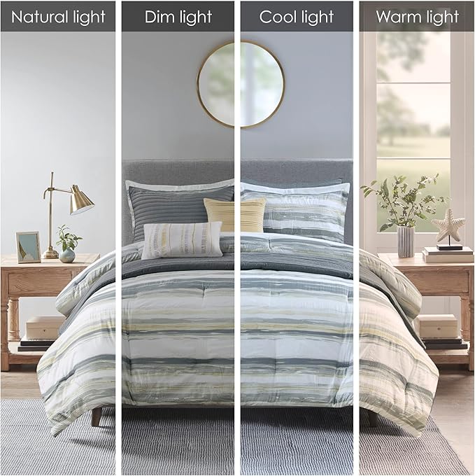 Madison Park Marina Comforter Quilt Combo Set - Modern Luxury Design, All Season Down Alternative Bedding, Matching Shams, Decorative Pillows, Full/Queen(90"x90"), Yellow 8 Piece - LeafyLoom
