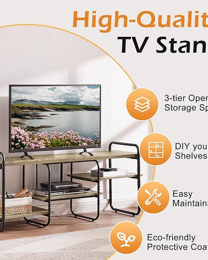 VECELO, Entertainment Center/Media Console Table with Adjustable Storage Shelves for Living Room/Bedroom, 55 inch TV Stand, Grey - LeafyLoom