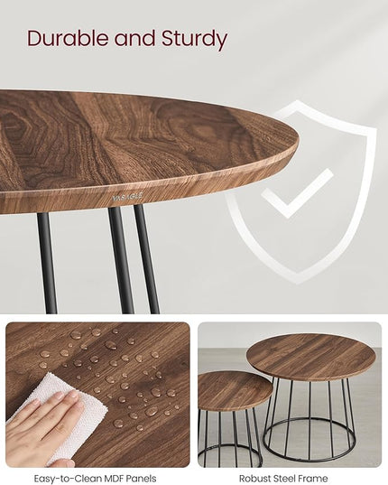 VASAGLE Round Coffee Tables, Set of 2, Modern Circle Side Tables with Steel Frame, for Living Room, Bedroom, Natural Walnut ULCT045K43 - LeafyLoom