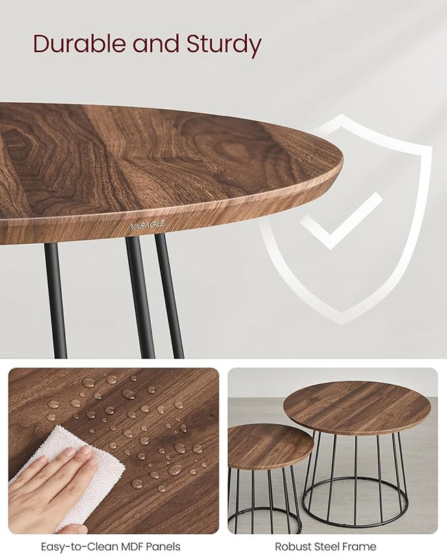 VASAGLE Round Coffee Tables, Set of 2, Modern Circle Side Tables with Steel Frame, for Living Room, Bedroom, Natural Walnut ULCT045K43 - LeafyLoom