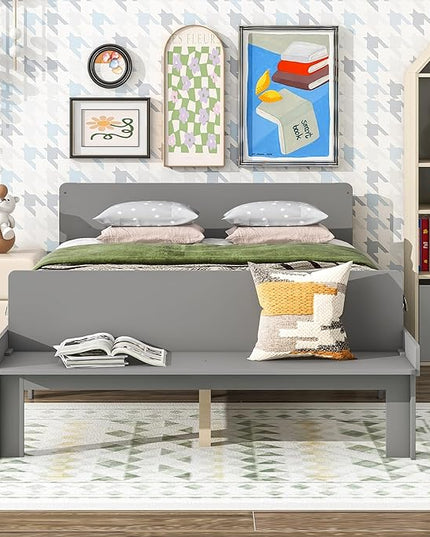 Full Bed with Footboard Bench, Full Kid Bed with Headboard, Wood Slat Support, Cute Kid Bed Frame with Book Storage Space, Full Car Bed for Boys Girls Bedroom, No Box Spring Needed, Grey - LeafyLoom