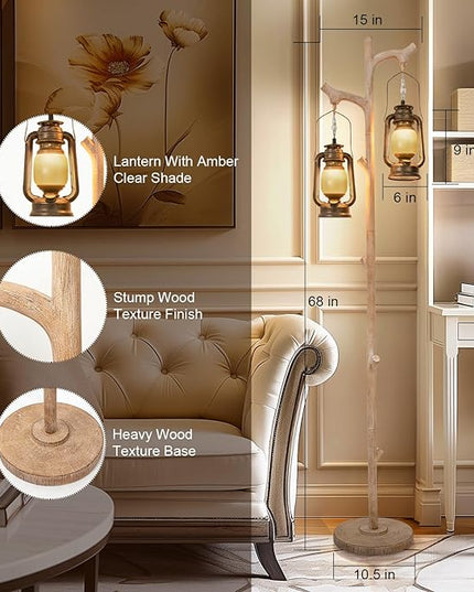 68" Vintage Dimmable Floor Lamp, Standing Lamp with Classical Lanterns, Rustic Tree Trunk LED Tall Corner Lamp with Wood Finish, Western Farmhouse Decor for Living Room Bedroom Office - LeafyLoom