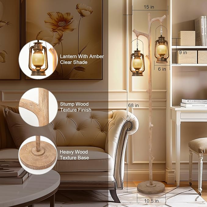 68" Vintage Dimmable Floor Lamp, Standing Lamp with Classical Lanterns, Rustic Tree Trunk LED Tall Corner Lamp with Wood Finish, Western Farmhouse Decor for Living Room Bedroom Office - LeafyLoom